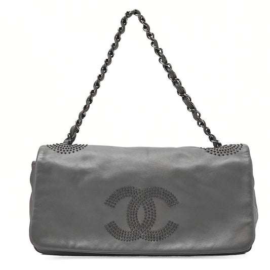CHANEL Big Coco Mark Studs Full Flap Shoulder Bag Lambskin Grey Silver-Tone Hardware, Pre-Owned