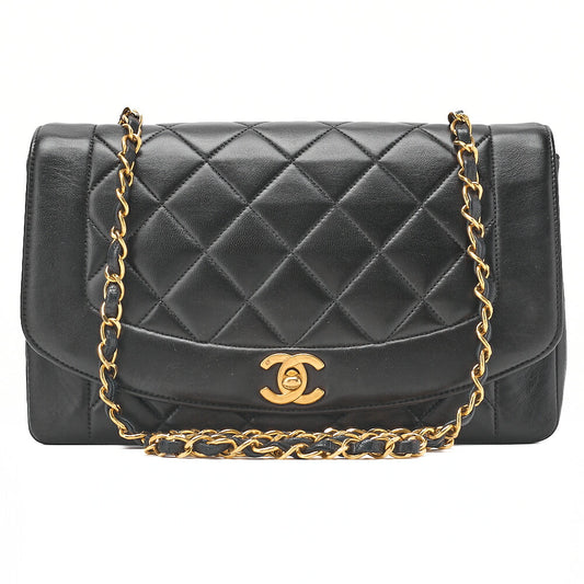 CHANEL Matelasse Diana Flap 25cm Chain Shoulder Lambskin Black Gold-Tone Hardware, Pre-Owned