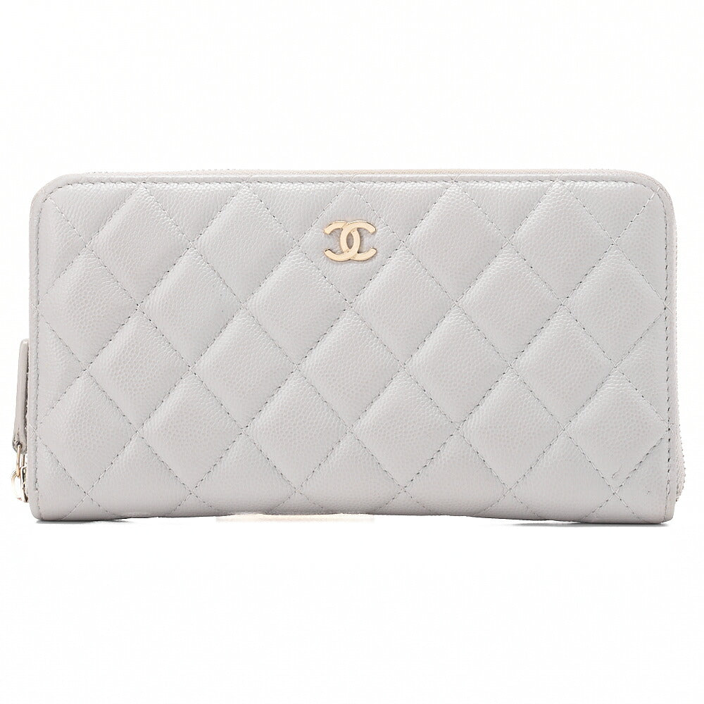 CHANEL Matelasse Round Long Wallet Caviar Skin Grey Gold-Tone Hardware, Pre-Owned