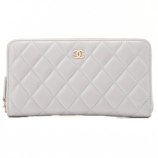CHANEL Matelasse Round Long Wallet Caviar Skin Grey Gold-Tone Hardware, Pre-Owned