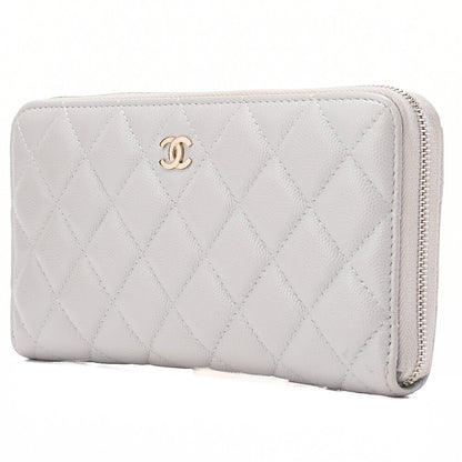 CHANEL Matelasse Round Long Wallet Caviar Skin Grey Gold-Tone Hardware, Pre-Owned