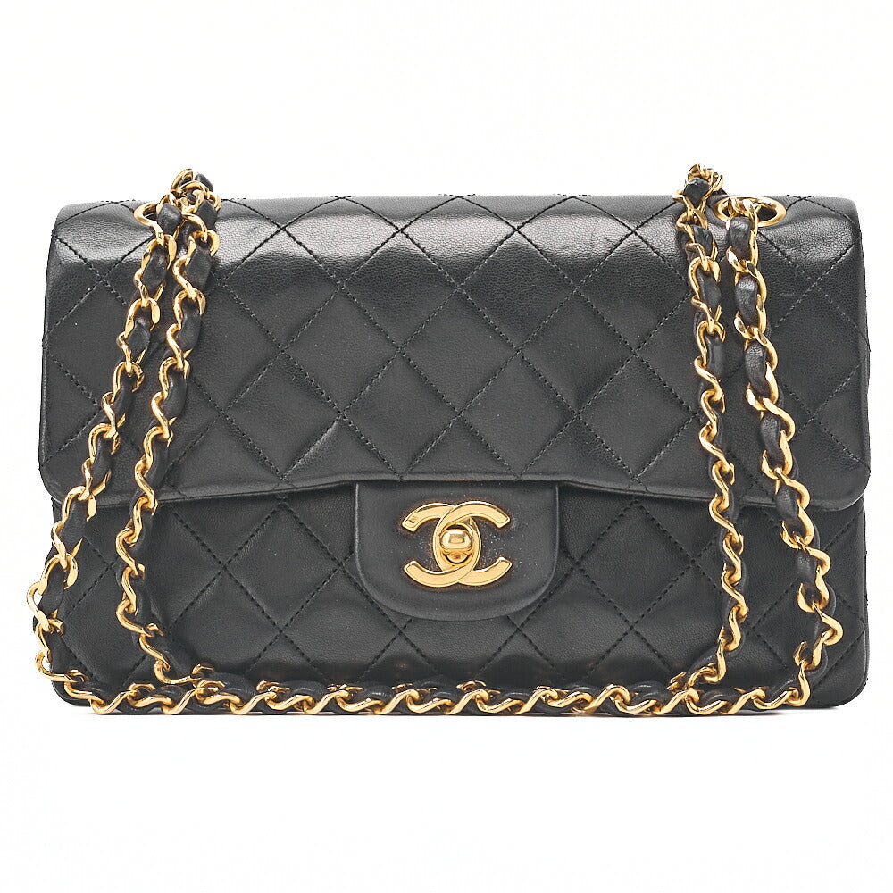 CHANEL Matelasse 23cm Double Flap Chain Shoulder Bag Lambskin Black Gold-Tone Hardware, Pre-Owned