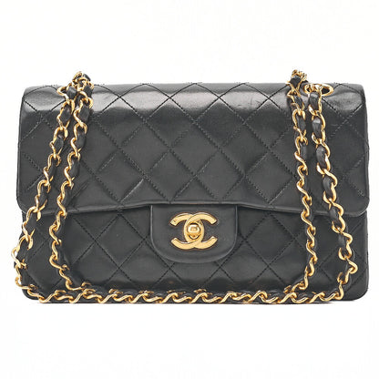 CHANEL Matelasse 23cm Double Flap Chain Shoulder Bag Lambskin Black Gold-Tone Hardware, Pre-Owned