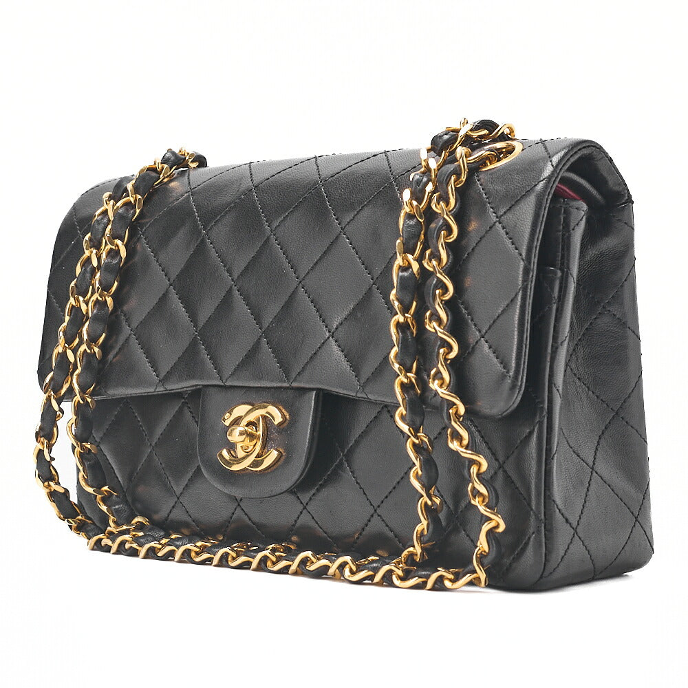 CHANEL Matelasse 23cm Double Flap Chain Shoulder Bag Lambskin Black Gold-Tone Hardware, Pre-Owned