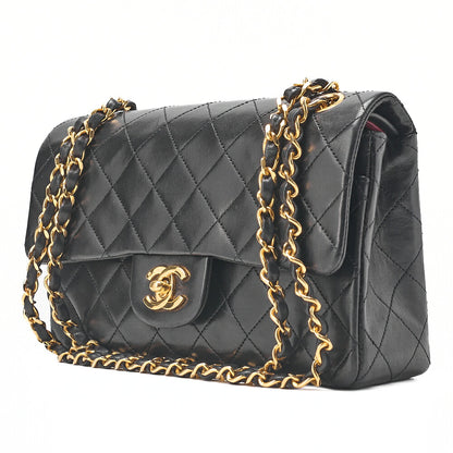 CHANEL Matelasse 23cm Double Flap Chain Shoulder Bag Lambskin Black Gold-Tone Hardware, Pre-Owned