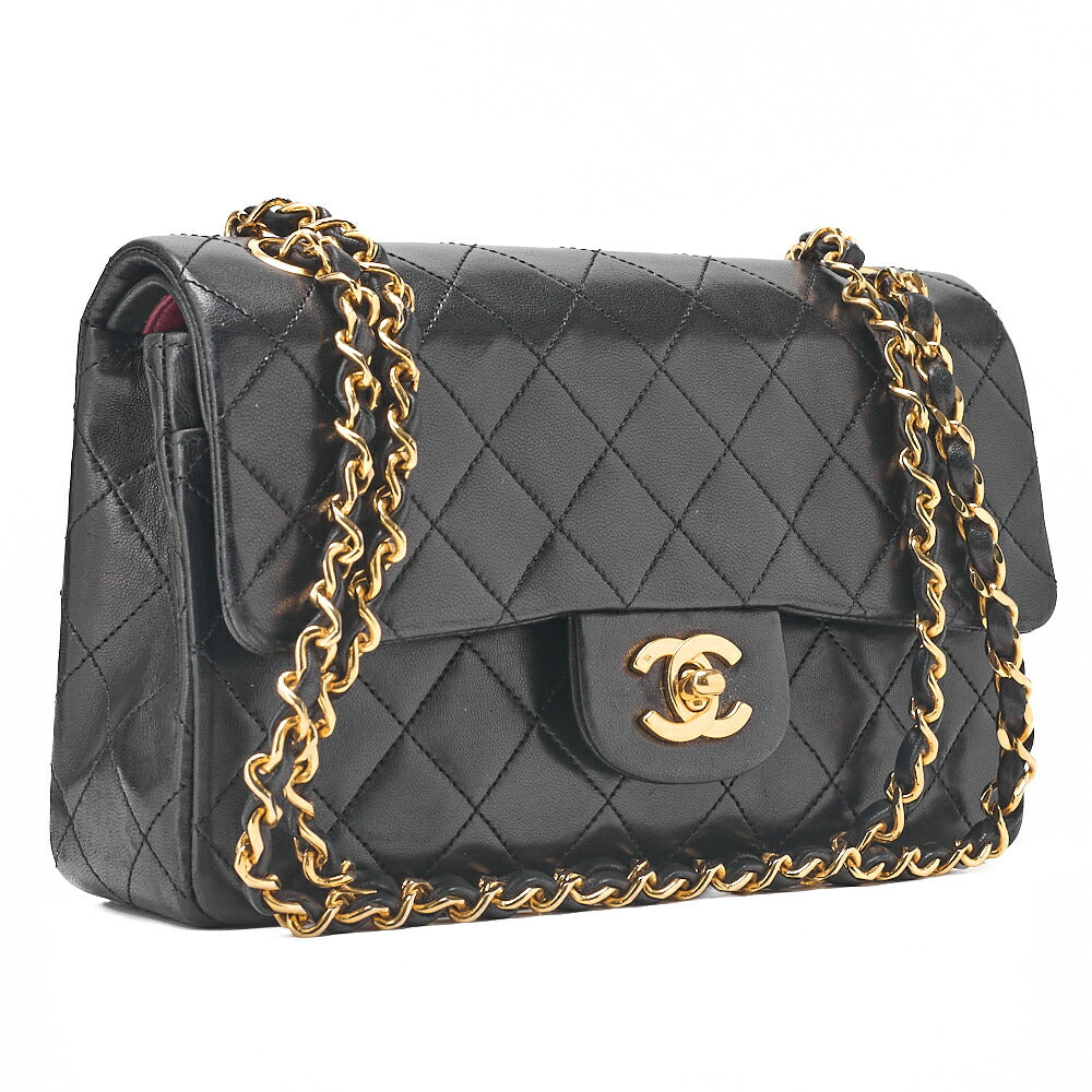 CHANEL Matelasse 23cm Double Flap Chain Shoulder Bag Lambskin Black Gold-Tone Hardware, Pre-Owned