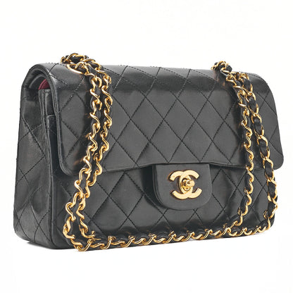 CHANEL Matelasse 23cm Double Flap Chain Shoulder Bag Lambskin Black Gold-Tone Hardware, Pre-Owned