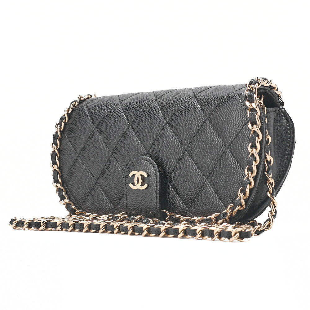 CHANEL Mini Matelasse Luxury Chain Shoulder Caviar Skin Black Gold-Tone Hardware, Pre-Owned