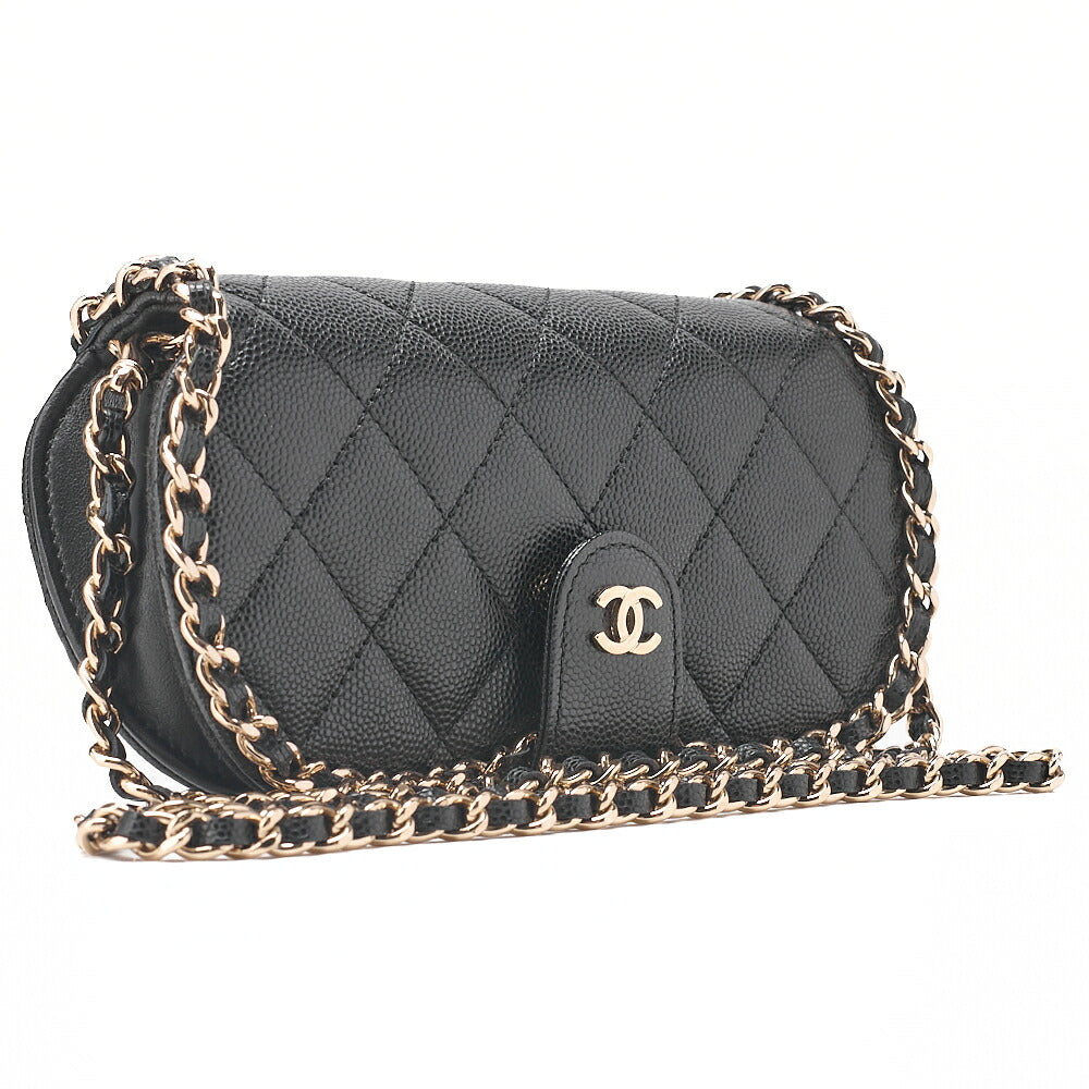 CHANEL Mini Matelasse Luxury Chain Shoulder Caviar Skin Black Gold-Tone Hardware, Pre-Owned