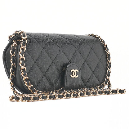 CHANEL Mini Matelasse Luxury Chain Shoulder Caviar Skin Black Gold-Tone Hardware, Pre-Owned