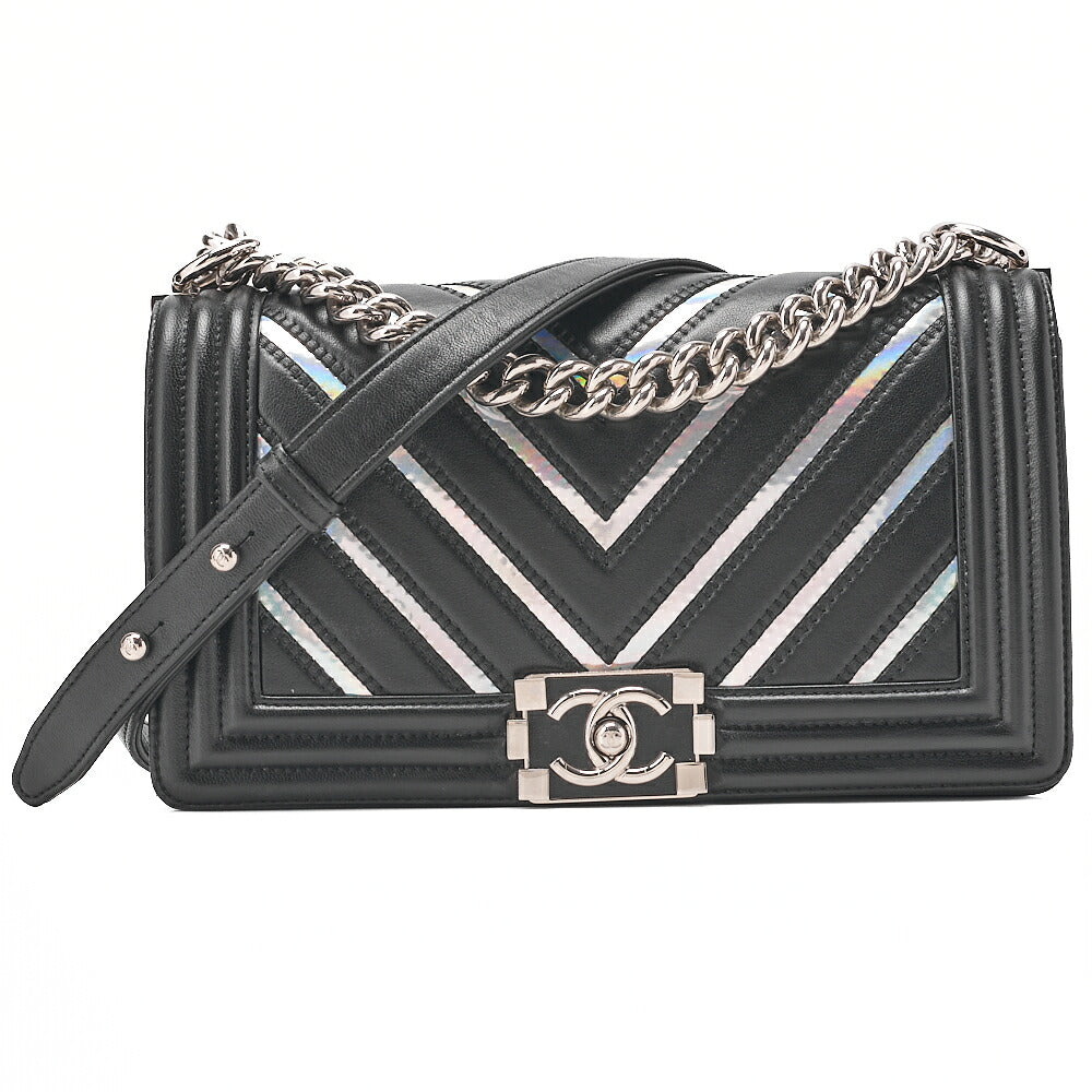CHANEL Lambskin Boy Chanel V-Stitch Chain Shoulder Black Silver-Tone Hardware, Pre-Owned