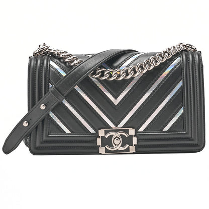 CHANEL Lambskin Boy Chanel V-Stitch Chain Shoulder Black Silver-Tone Hardware, Pre-Owned
