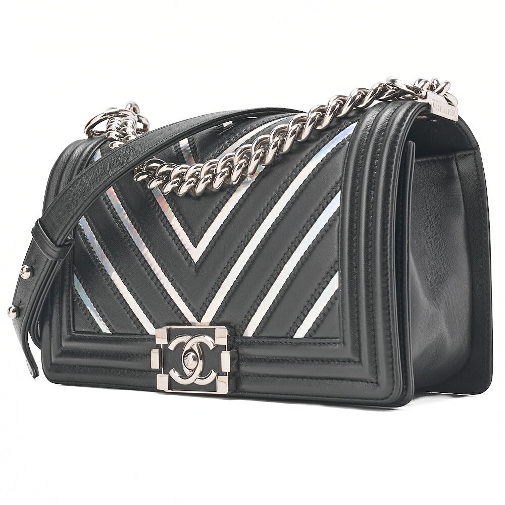 CHANEL Lambskin Boy Chanel V-Stitch Chain Shoulder Black Silver-Tone Hardware, Pre-Owned
