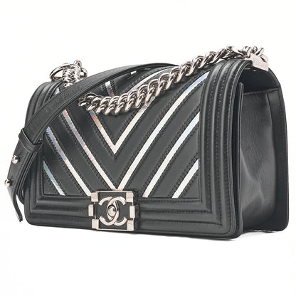 CHANEL Lambskin Boy Chanel V-Stitch Chain Shoulder Black Silver-Tone Hardware, Pre-Owned