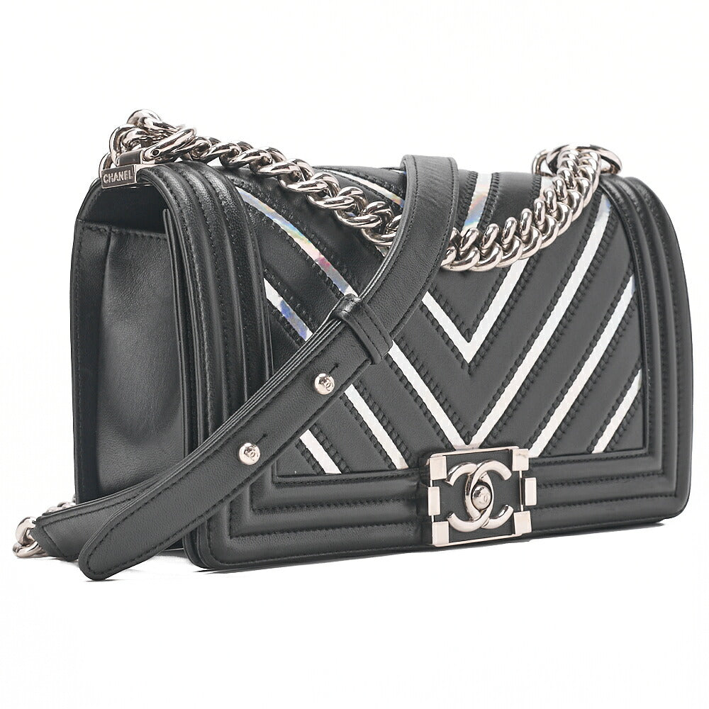 CHANEL Lambskin Boy Chanel V-Stitch Chain Shoulder Black Silver-Tone Hardware, Pre-Owned