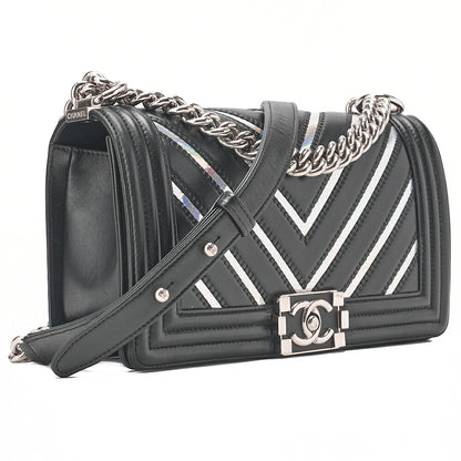 CHANEL Lambskin Boy Chanel V-Stitch Chain Shoulder Black Silver-Tone Hardware, Pre-Owned