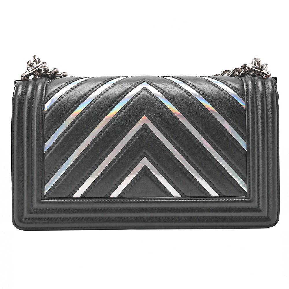 CHANEL Lambskin Boy Chanel V-Stitch Chain Shoulder Black Silver-Tone Hardware, Pre-Owned