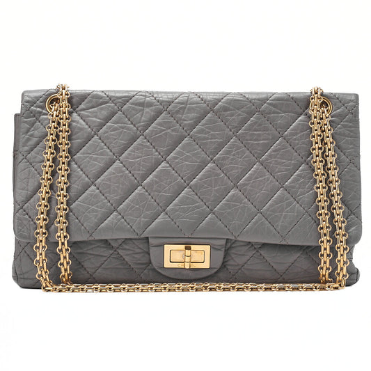 CHANEL Matelasse  2.55 Lock 2.55 Chain Shoulder Double Flap Vintage Calf Gray Large Size Gold-Tone Hardware, Pre-Owned