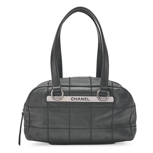 CHANEL Shoulder Bag Chocolate Bar Logo Caviar Skin Black Silver-Tone Hardware, Pre-Owned