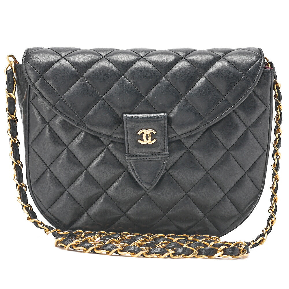 CHANEL Lambskin Matelasse Half Moon Push Lock Round Chain Shoulder Black Gold-Tone Hardware, Pre-Owned