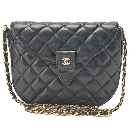CHANEL Lambskin Matelasse Half Moon Push Lock Round Chain Shoulder Black Gold-Tone Hardware, Pre-Owned