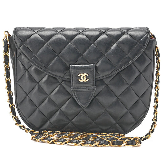CHANEL Lambskin Matelasse Half Moon Push Lock Round Chain Shoulder Black Gold-Tone Hardware, Pre-Owned