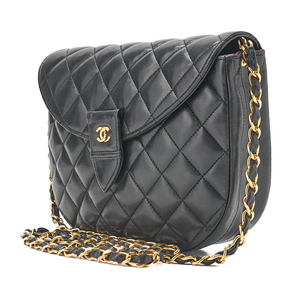 CHANEL Lambskin Matelasse Half Moon Push Lock Round Chain Shoulder Black Gold-Tone Hardware, Pre-Owned