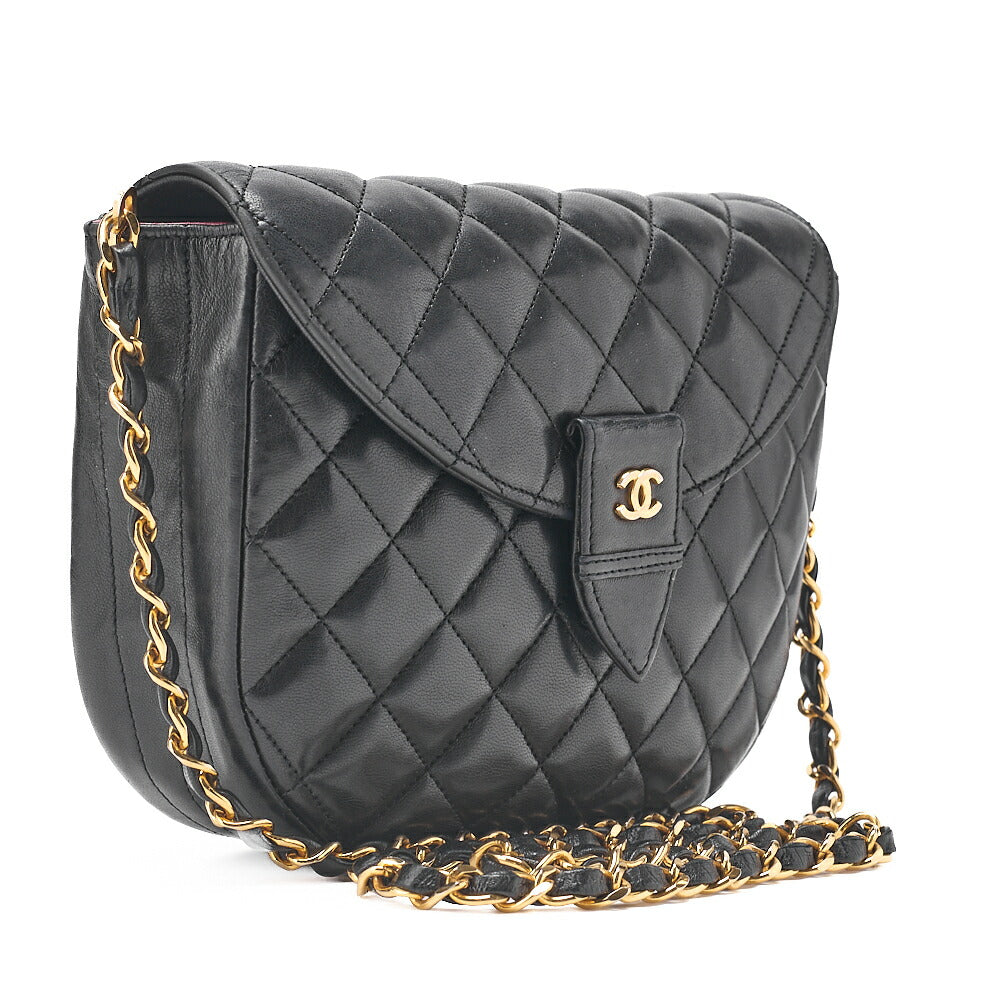 CHANEL Lambskin Matelasse Half Moon Push Lock Round Chain Shoulder Black Gold-Tone Hardware, Pre-Owned