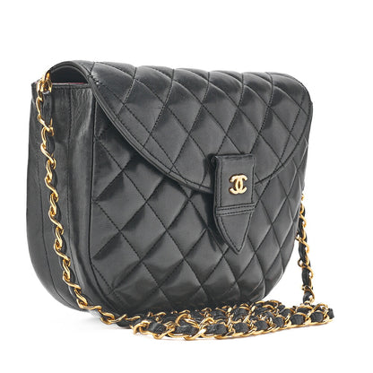 CHANEL Lambskin Matelasse Half Moon Push Lock Round Chain Shoulder Black Gold-Tone Hardware, Pre-Owned