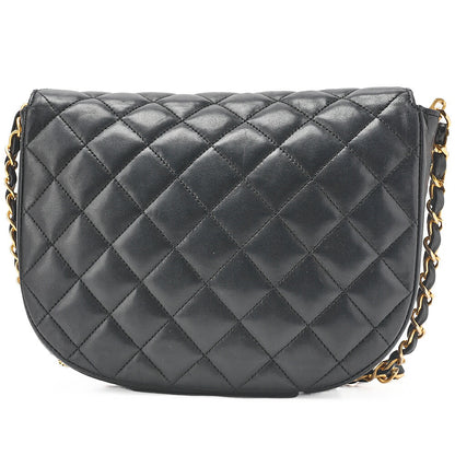 CHANEL Lambskin Matelasse Half Moon Push Lock Round Chain Shoulder Black Gold-Tone Hardware, Pre-Owned