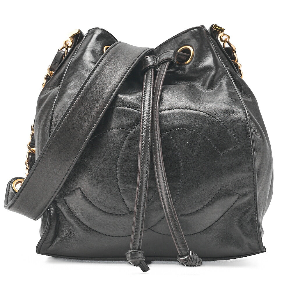 CHANEL Lambskin Big Coco Mark Drawstring Bag Chain Backpack Black Gold-Tone Hardware, Pre-Owned