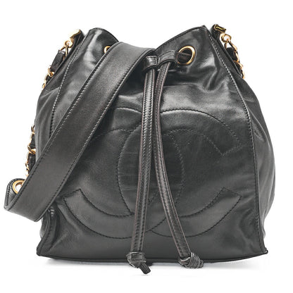 CHANEL Lambskin Big Coco Mark Drawstring Bag Chain Backpack Black Gold-Tone Hardware, Pre-Owned