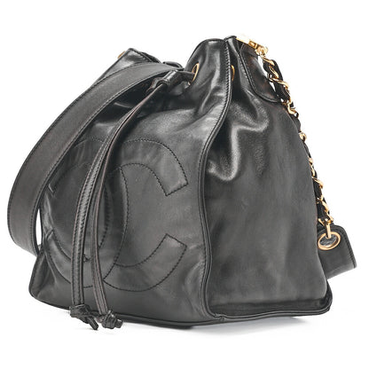 CHANEL Lambskin Big Coco Mark Drawstring Bag Chain Backpack Black Gold-Tone Hardware, Pre-Owned