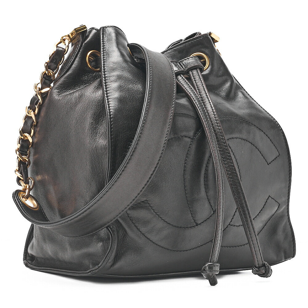 CHANEL Lambskin Big Coco Mark Drawstring Bag Chain Backpack Black Gold-Tone Hardware, Pre-Owned