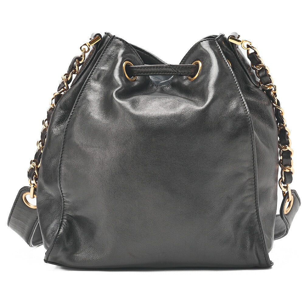 CHANEL Lambskin Big Coco Mark Drawstring Bag Chain Backpack Black Gold-Tone Hardware, Pre-Owned