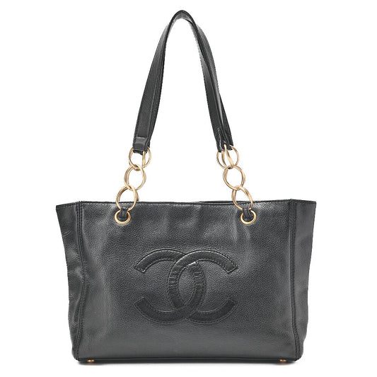 CHANEL Caviar Skin Coco Mark Chain Tote Bag Black Gold-Tone Hardware, Pre-Owned