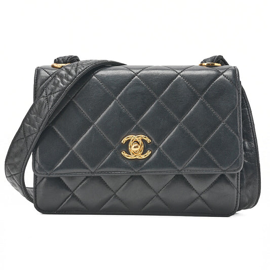 CHANEL Mini Matelasse Straight Flap Turnlock Shoulder Lambskin Black Gold-Tone Hardware, Pre-Owned