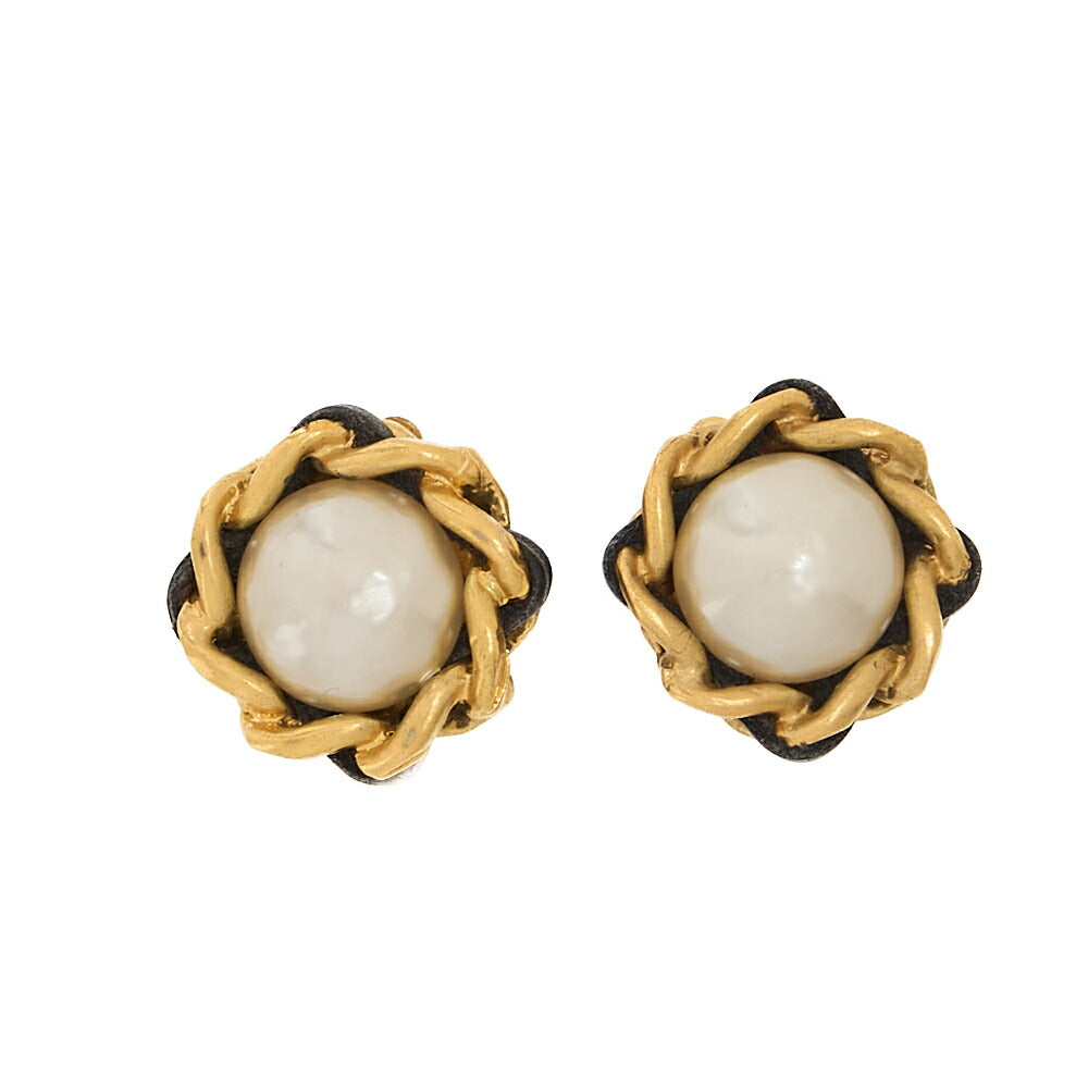 CHANEL Chain Pattern Faux Pearl Earrings 93A GP x Lambskin Gold Gold Plated-Tone Hardware, Pre-Owned