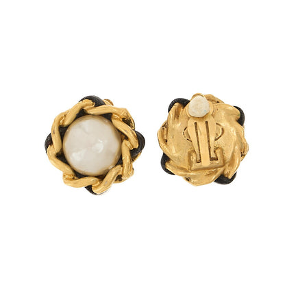CHANEL Chain Pattern Faux Pearl Earrings 93A GP x Lambskin Gold Gold Plated-Tone Hardware, Pre-Owned