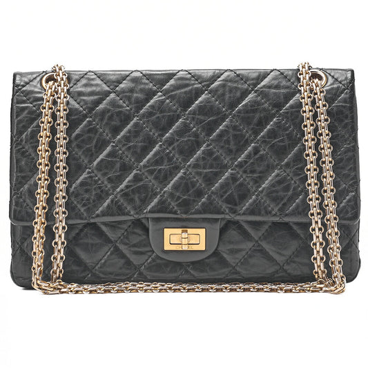 CHANEL 2.55 Chain Shoulder Bag Matelasse Bull Wrap Vintage Calf Black Gold-Tone Hardware, Pre-Owned