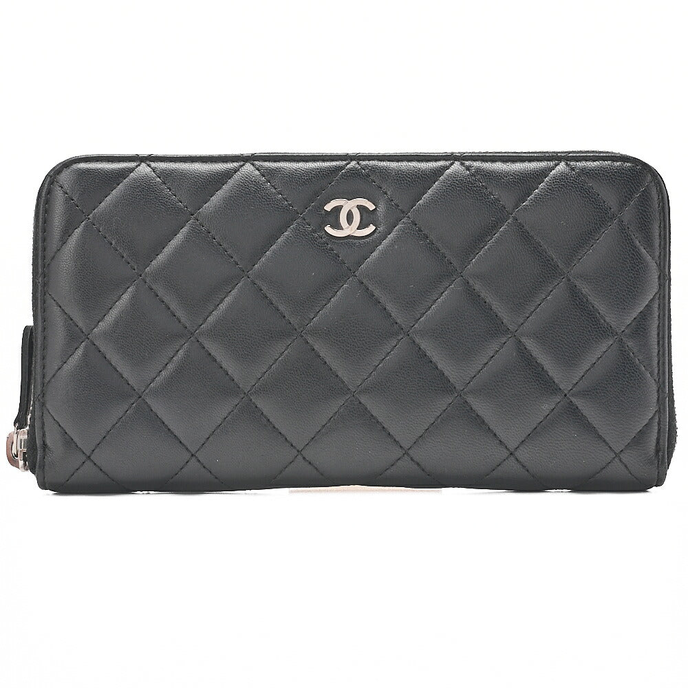 CHANEL Matelasse Round Long Wallet Lambskin Black Silver-Tone Hardware, Pre-Owned