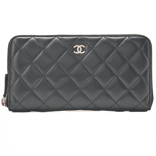 CHANEL Matelasse Round Long Wallet Lambskin Black Silver-Tone Hardware, Pre-Owned