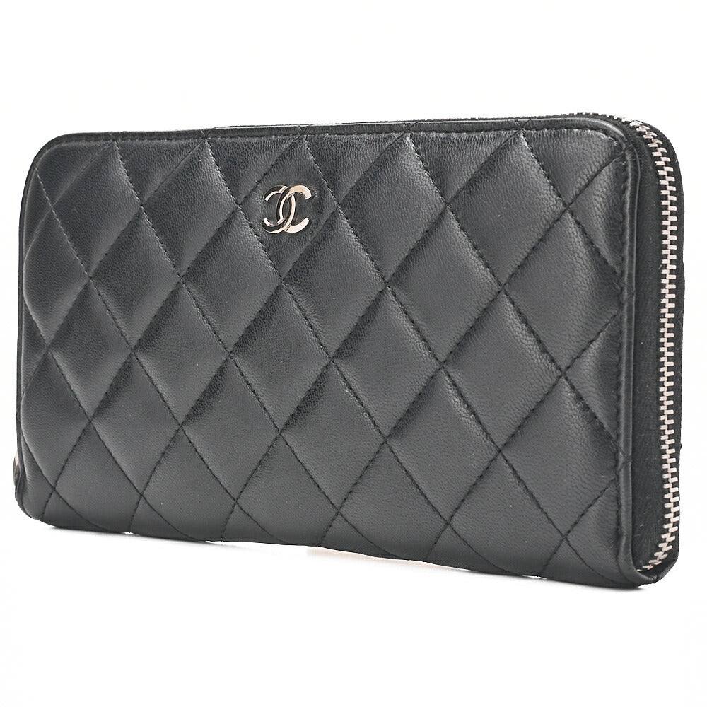 CHANEL Matelasse Round Long Wallet Lambskin Black Silver-Tone Hardware, Pre-Owned
