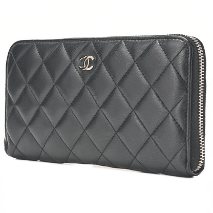 CHANEL Matelasse Round Long Wallet Lambskin Black Silver-Tone Hardware, Pre-Owned