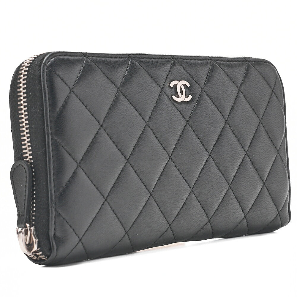 CHANEL Matelasse Round Long Wallet Lambskin Black Silver-Tone Hardware, Pre-Owned