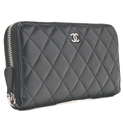 CHANEL Matelasse Round Long Wallet Lambskin Black Silver-Tone Hardware, Pre-Owned