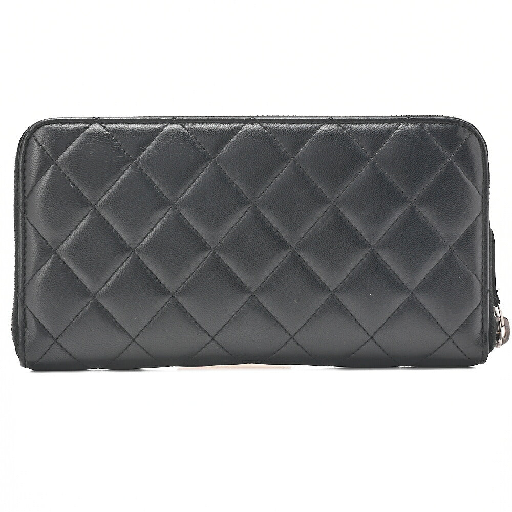 CHANEL Matelasse Round Long Wallet Lambskin Black Silver-Tone Hardware, Pre-Owned