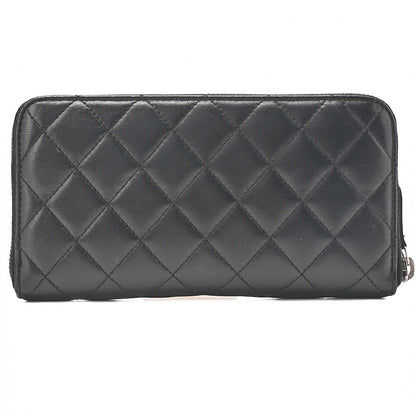 CHANEL Matelasse Round Long Wallet Lambskin Black Silver-Tone Hardware, Pre-Owned