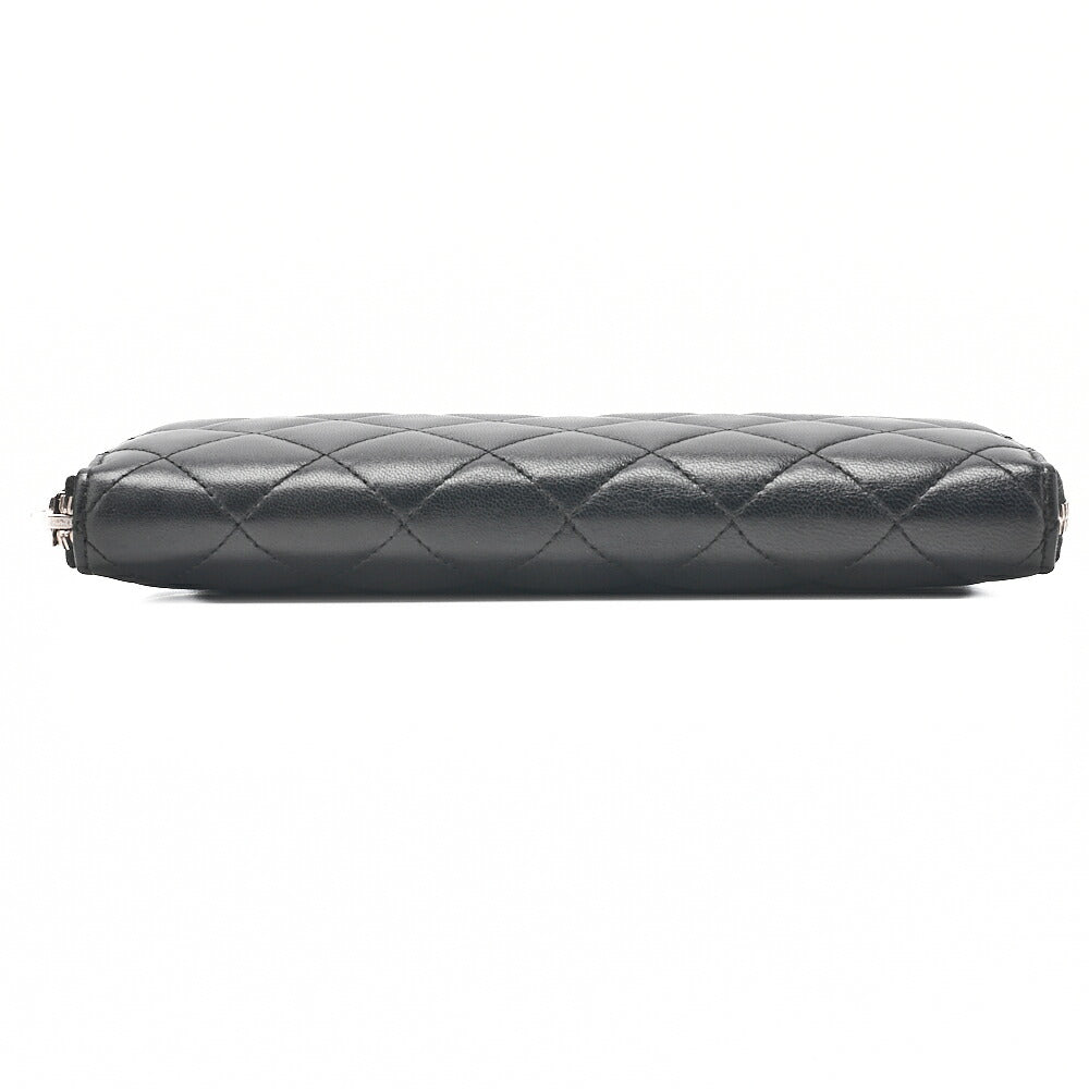 CHANEL Matelasse Round Long Wallet Lambskin Black Silver-Tone Hardware, Pre-Owned