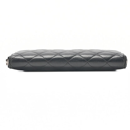 CHANEL Matelasse Round Long Wallet Lambskin Black Silver-Tone Hardware, Pre-Owned